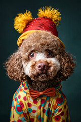 Sticker - A brown dog wearing a clown costume and a red hat