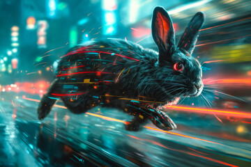 Wall Mural - A black rabbit running through a city at night