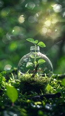 Sticker - Glass sphere with sapling & moss on forest floor, isolated growth captured in blurred reflection. Black base holds it with contrasting white light.