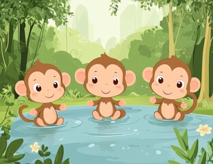 Wall Mural - A cute illustration of three monkeys playing by the river