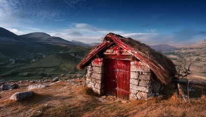 Wall Mural - Exodus: The Bible Story about Pascha, Putting Blood on the Doorpost. Old stone hut with a heavy wooden door, left doorpost smeared with blood.