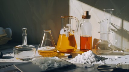 A collection of various laboratory beakers, flasks, and containers filled with colorful liquids and white crystals, illuminated by sunlight on a countertop.