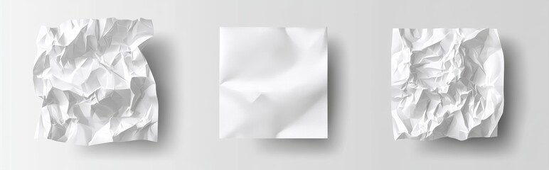 Poster - Set of white notebook paper sheets isolated on transparent background. Detailed realistic illustration of blank white checkered and lined pieces with crumpled wrinkled texture.