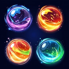 Wall Mural - A magical energy ball or power orb for a game. A crystal fireball and blue water sphere for a fantasy wizard illustration. A neon portal or toxic fortune plasma set. An abstract round crystal