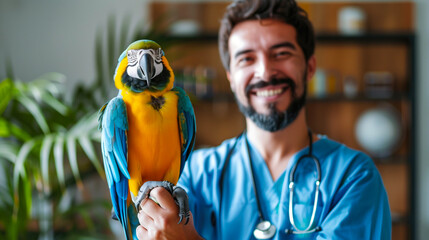 Smiling veterinarian holding a colorful parrot in a clinic setting with plants in the background. Concepts of pet care, veterinary services, and animal companionship.