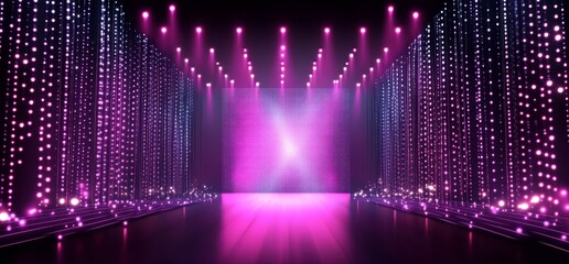 Canvas Print - An illustration of a runway with purple lights on a black background. This illustration is created from a long podium perspective illuminated with floodlights, neon lights glowing in smoke, and a