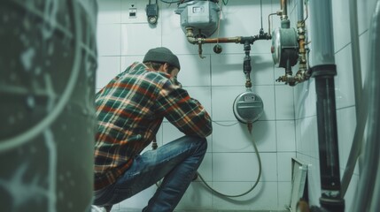 A man dressed in a plaid shirt and beanie works on plumbing in a boiler room, kneeling to adjust pipes against a white tiled wall.