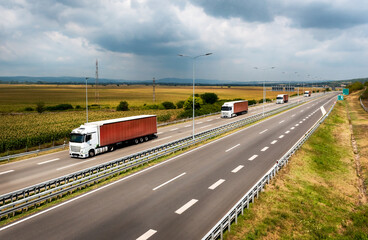 Wall Mural - Highway transportation scene with Convoy of white transportation trucks with red trailers in line on a rural highway under a beautiful dramatic sky
