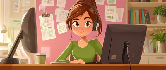 Poster - female student or freelance worker working remotely at home. cartoon illustration of a girl working 