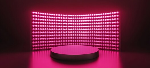 Poster - the pink neon glowing product podium is displayed with a digital led screen on the wall. a realistic