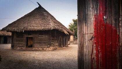 Wall Mural - Exodus: The Bible Story about Pascha, Putting Blood on the Doorpost. Ancient wooden shack with a thatched roof, right doorpost streaked with blood.