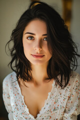 Wall Mural - A woman with long dark hair and a white blouse