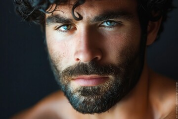 Poster - A man with curly hair and a beard looking at the camera.