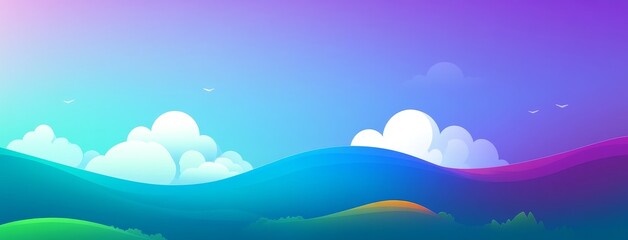 Wall Mural - Blue anime cartoon sky with clouds. Abstract painting background in summer heaven with fluffy elements. Beautiful gradient space panorama graphic in evening.