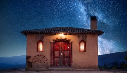 Wall Mural -  Exodus: The Bible Story about Pascha, Putting Blood on the Doorpost. Ancient clay home with a grand wooden door, the top of the doorpost painted with blood.