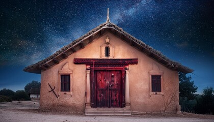 Wall Mural -  Exodus: The Bible Story about Pascha, Putting Blood on the Doorpost. Ancient clay home with a grand wooden door, the top of the doorpost painted with blood.