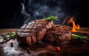 Wall Mural - Steaks cooked on the grill and steaming.