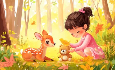 Wall Mural - Nature landscape illustration of a woman sat outside on a glade with a baby deer and squirrel. Illustration of ecotourism environment design of a woman sat outside on a glade with a baby deer and