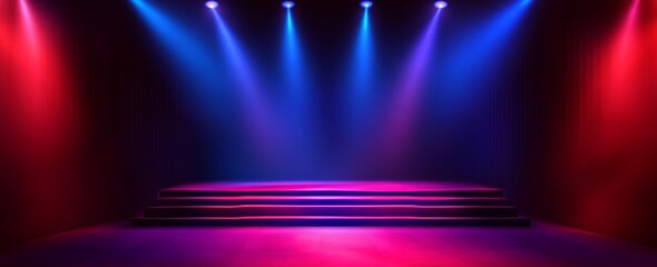 Canvas Print - Stage with spotlight background for fashion fashion show. Gala catwalk with red and blue beams for a night concert. Party scene with smoke effect. 3D neon disco performance podium.