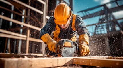 Carpenter construction worker using a circular saw to cut wood, highlighting the combination of skill and safety required when handling power tools 