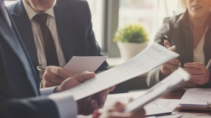 Sticker - A close-up of a business meeting with professionals in suits, intensely reviewing documents in a well-lit office, embodying corporate focus and collaboration.