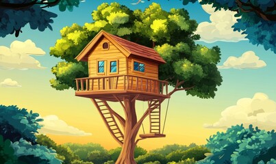 Poster - An idyllic forest scene with a wooden treehouse