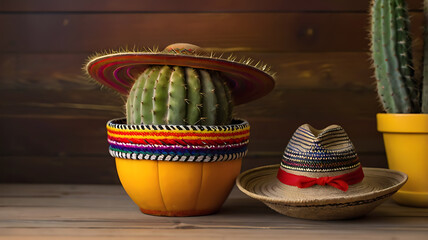 Vibrant and colorful still life image featuring a traditional Mexican sombrero with a multicolored striped band, placed on a wooden surface.