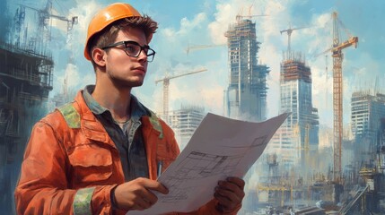 Portrait of a young construction worker in a reflective vest, with a crane in the background, representing the new generation of builders and their ambitions 