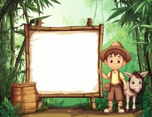 Wall Mural - A cartoon farmer and a donkey are standing next to a blank sign