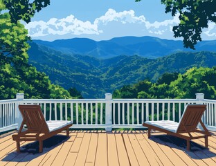 Wall Mural - With sun loungers overlooking the ocean mountains, this tropical landscape has a tropical atmosphere