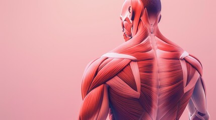 An anatomical illustration of a muscular human back, highlighting the intricate details of the muscle structure on a soft pink background.