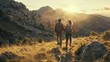 © VK Studio - A couple with backpacks walk hand in hand towards a sunset, surrounded by rolling hills and rocky terrain.
