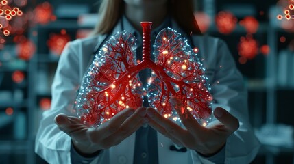 Hands holding red cartoon lungs close up with medical professional in background on white