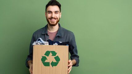 Smiling man holds box with recycling logo icon emblem with clothes textile on green studio background. Used clothes to reuse. Ecological sustainable Reduce waste and donate donation concept