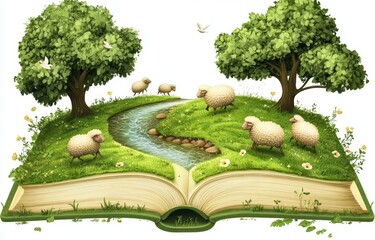 Sticker - In this book, sheep cartoons are playing in the river alongside an open book