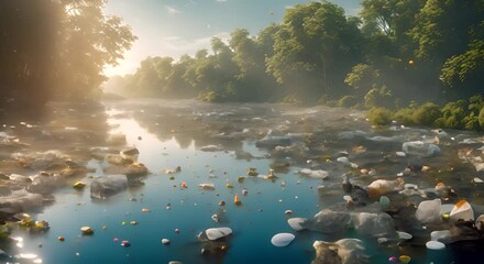 Sticker - River heavily polluted with plastic and other waste with debris floating on the water surface 4k animation