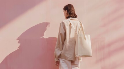 Poster - A woman in a beige shirt and white pants stands against a pink wall, casting a dramatic shadow, with a beige tote bag hanging from her shoulder.