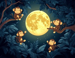 Poster - Nighttime illustration of monkeys in the jungle