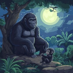 Poster - In a night forest, a mother gorilla is with her cub under a tree