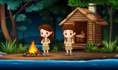 Canvas Print - Cartoon boy and girl light a bonfire in a cave