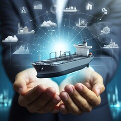 Hands holding a modern cargo vessel with digital data and global network connections, emphasizing innovation in maritime transport