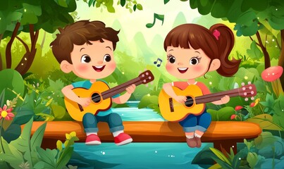 Wall Mural - An adorable couple playing guitar by the lake and singing