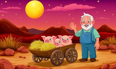 Wall Mural - In the desert, an old farmer has three pigs