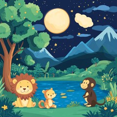 Wall Mural - An evening landscape with a lion and a gorilla by a lake