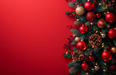 a beautifully decorated christmas tree on red background