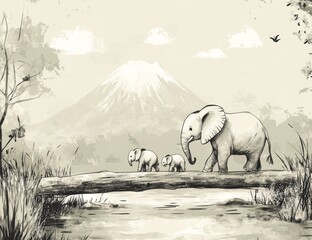 Wall Mural - Animated cartoon elephant crossing the river on a tree trunk bridge with her cubs