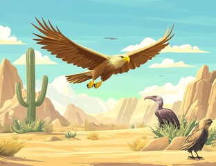 Wall Mural - A desert landscape illustrated with vultures and eagles