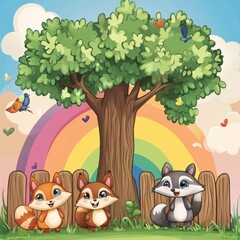 Poster - A cartoon illustration depicting a little animal under a tree