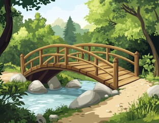 Wall Mural - An illustration of a river bridge with trees in the background