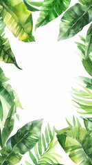 Wall Mural - Aesthetic watercolor frame with green tropical leaves, copy space, light background, foliage template. Generative AI